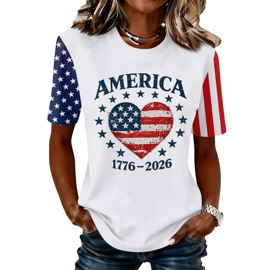 Blusa Feminina da Moda Casual de Manga Curta com Estampa e Gola Redonda