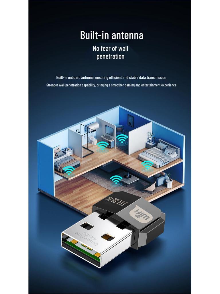 Jinghua 300M Mini WiFi6 Dual-Band USB Network Card with High-Gain Antenna.