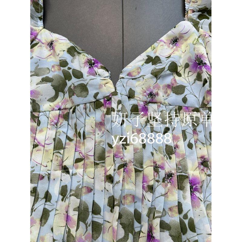 Export USA AST * Sexy Open Back Square-Cut Collar Waist Width Ruched Long Sleeves Printed Waist-Controlled Elegant Chiffon Dress Women