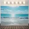 2D Calm Coastal Backdrop with Bright Sunlight, Ocean Waves, and Sandy Beach