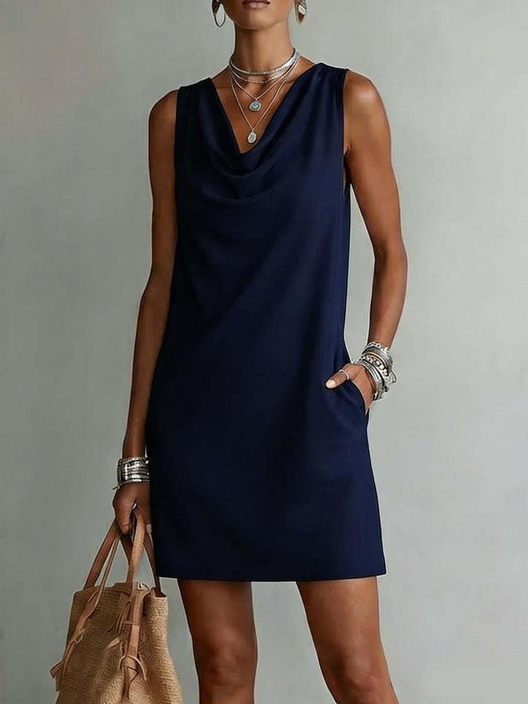 Women Solid Color Cowl Neck Sleeveless Loose Irregular Midi Casual Dress