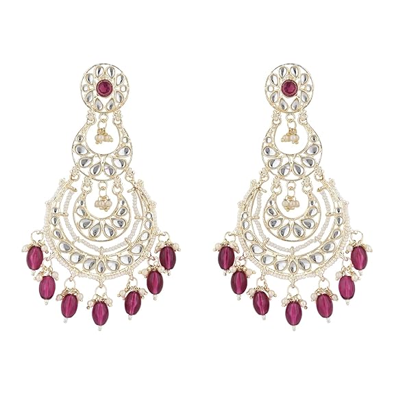 Gold Plated Traditional Kundan & Pearl Drop Dangle Chandbali Earrings For Women