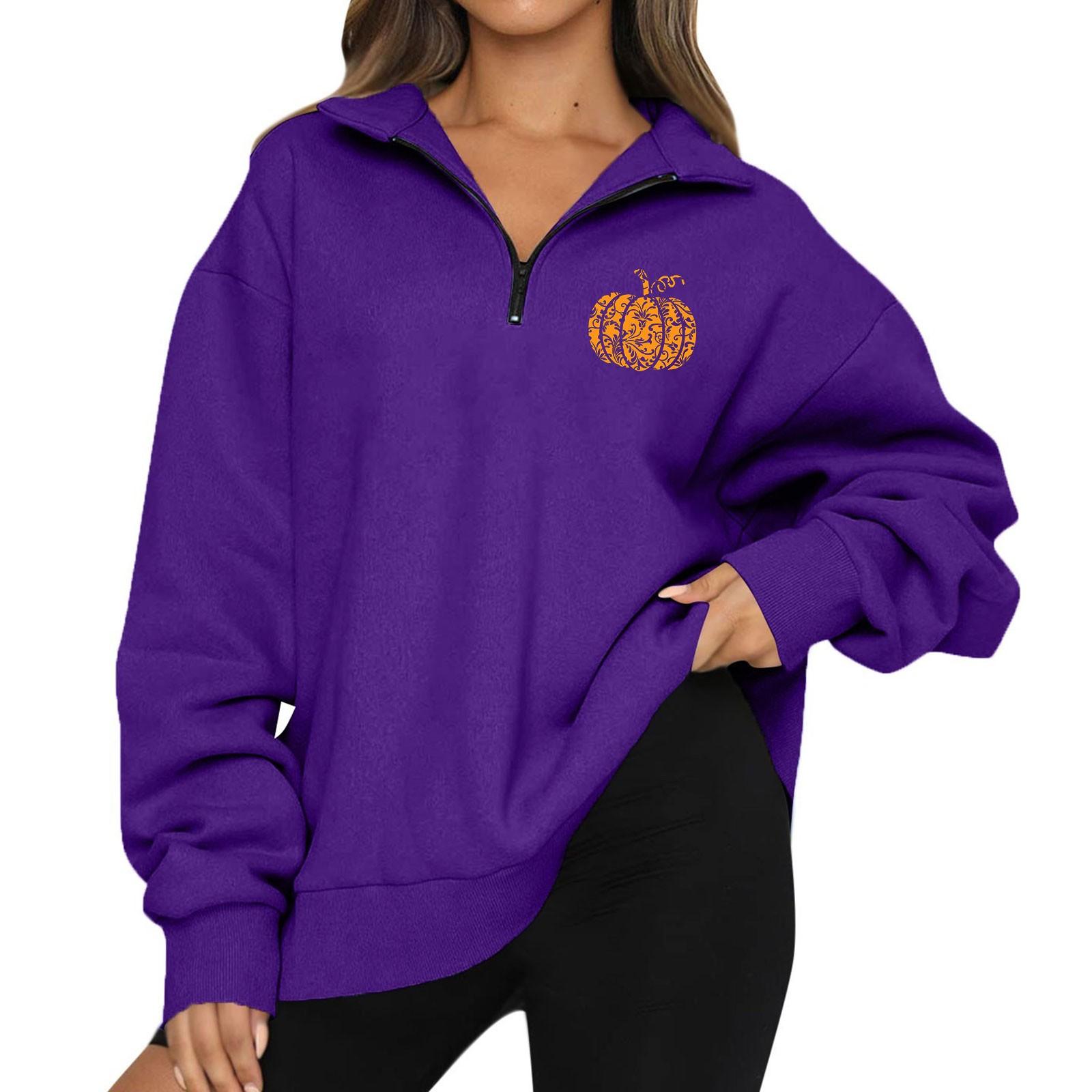 

Женская мода с длинным рукавом и принтом Хэллоуина на молнии свитшот-топ M фиолетовый