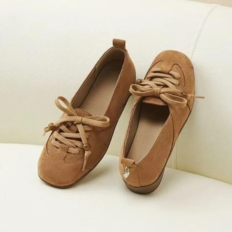 Fashion Cow Suede Low Heel Single Shoes Women s Autumn New Round Toe Lace-Up Front Kitten Heel Soft Sole Non-slip Low Top Shoes 35 5276₽