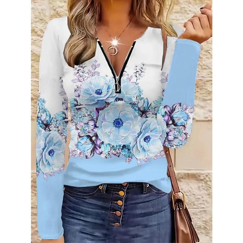 Women's T Shirt Quarter Zip Long Sleeve Casual Graphic Tribal Vintage Bohemia Tropical Hawaiian V Neck