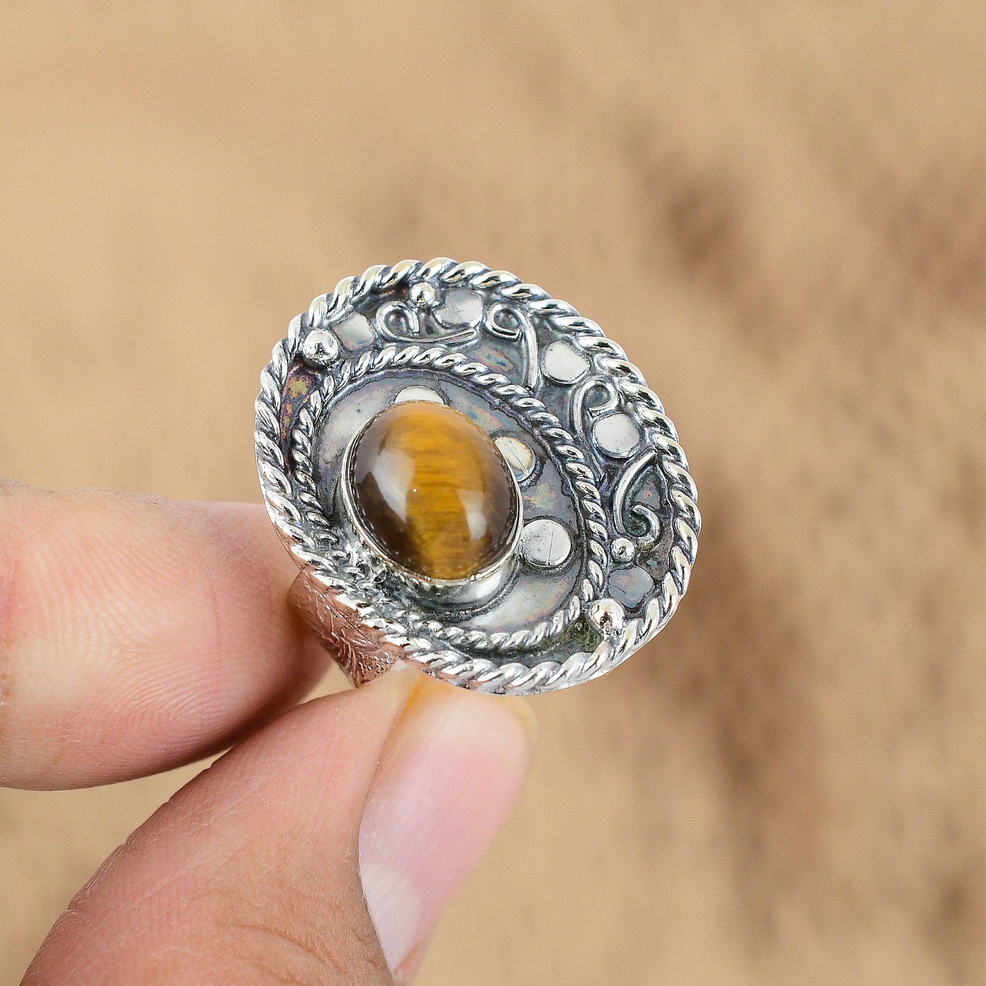 

925 Silver Oval Tiger s Eye Gemstone Sacral Chakra Anniversary Wife Ring Jewelry Yes