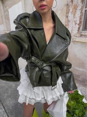 Women's Green Lace-Up Lapel Zipper Fashion Motorcycle Leather Jacket