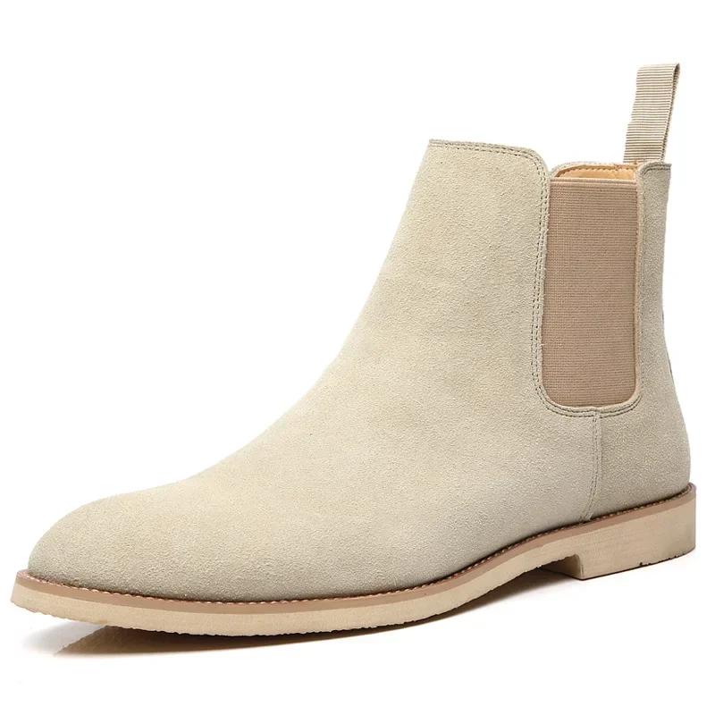 Men s Chelsea Boots British Style Ankle Boots High Quality Suede Genuine Leather Shoes for Men New Business Boots Zapatos Hombre 35 бежевый