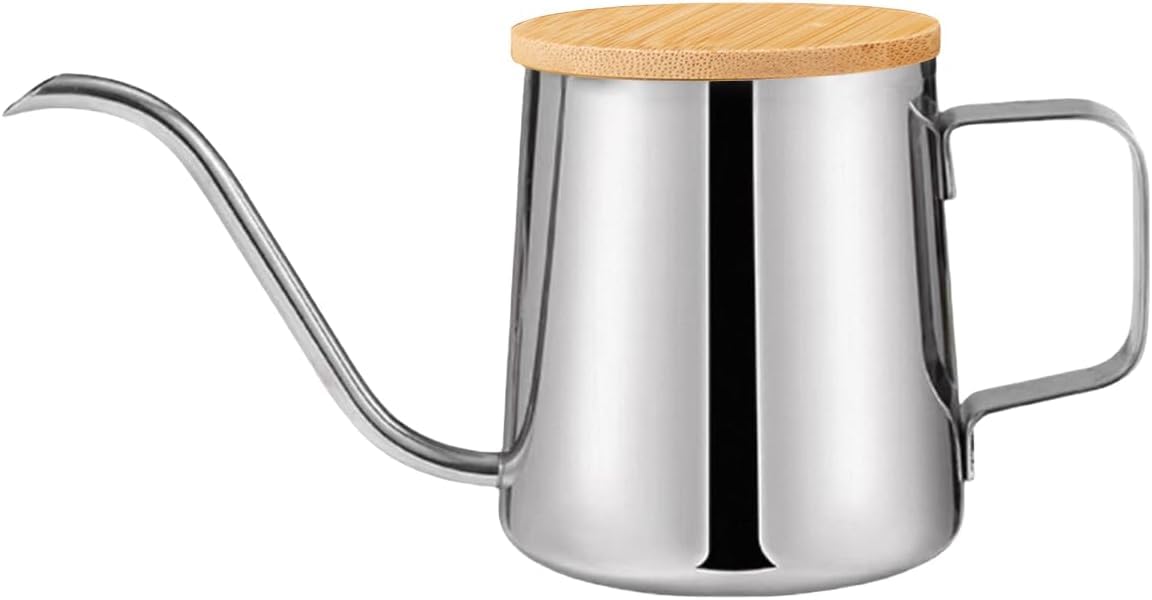 

moeuhob Bamboo Lidded Coffee Dripper Pot, 350ml Narrow-Mouth Stainless Steel Drip Kettle, Single-Serve, Pour-Over (Silver), Stylish Coffee Kettle