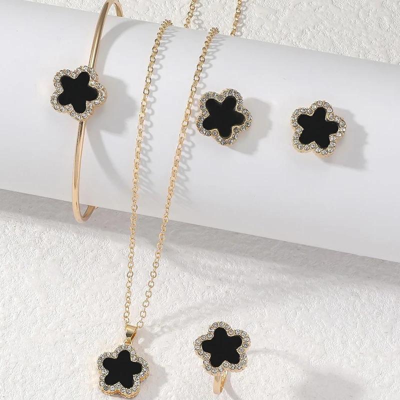 Elegant Gold Tone Clover Jewelry Set - Rhinestone Inlaid Black/White Four - Leaf Clover Necklace Earrings Bracelet Ring Set
