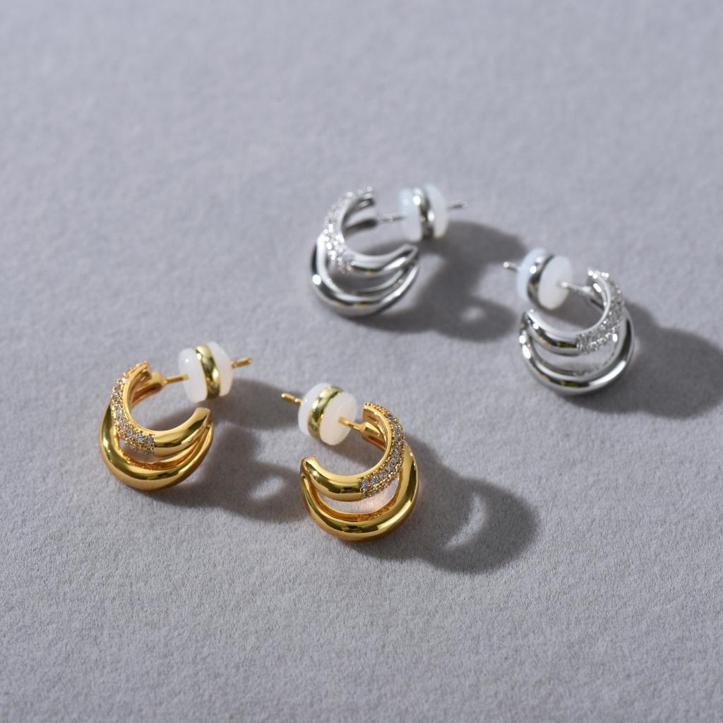 Premium Metal Inlaid Zircon Irregular Double-Layer Design Earrings S925 Silver Needle Stud Earrings Trendy Temperament Earrings