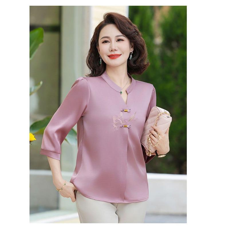 Chinese Style Mandarin Collar Blouse Embroidered Butterfly Half Sleeve Casual Women's Top