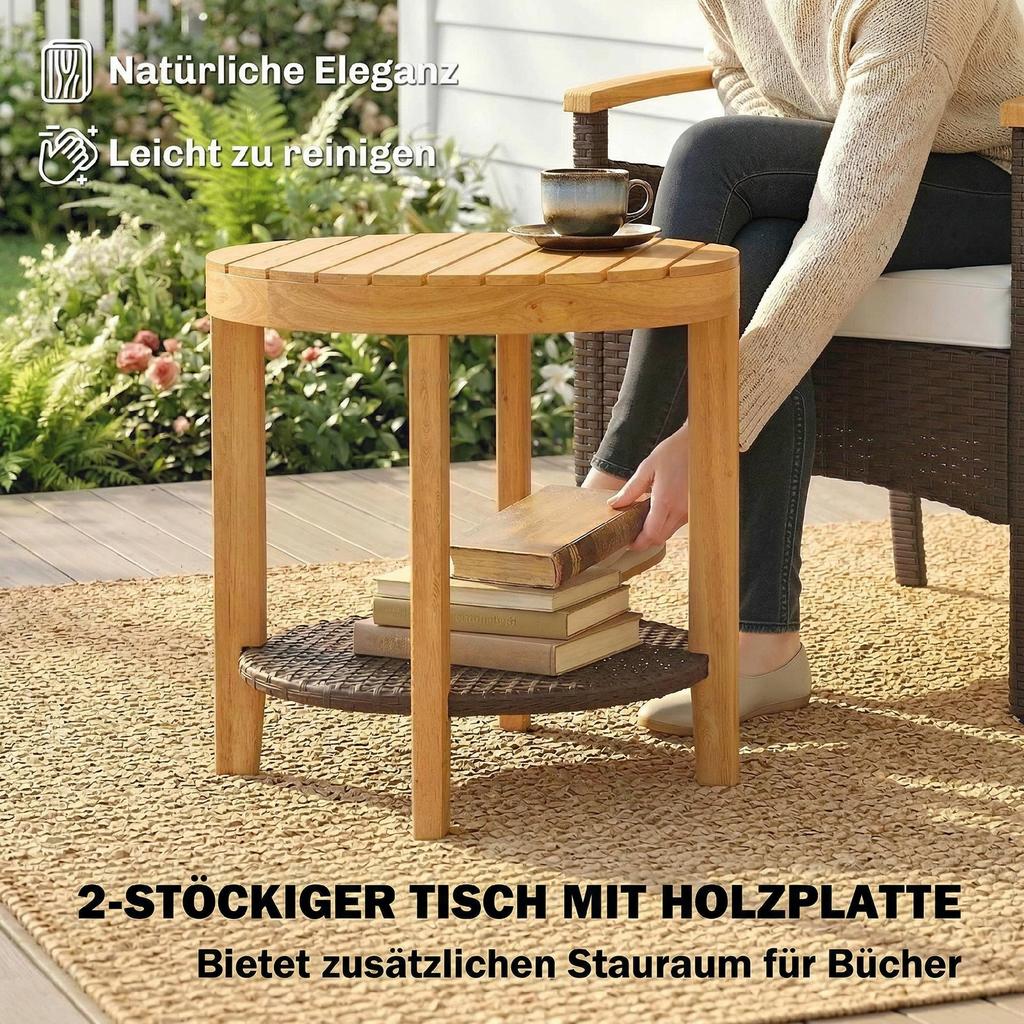 Rattan Bistro Set 3-Piece FSC Garden Furniture Set with 2 Chairs, 2-Tier Wooden Table, Thick Washable Cushions