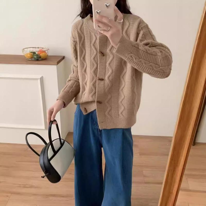 Eck Schnallen Design Pullover Jacke Damen Neu Locker und Lässig Zopfmuster Gestrickte Strickjacke Außenbekleidung