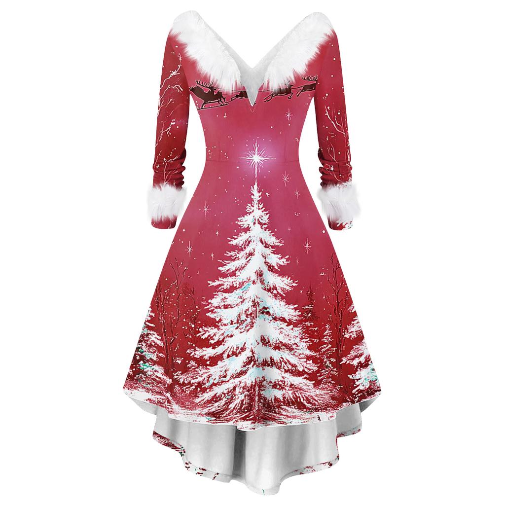 Women's Fashion Elegant Autun And Winter Long Sleeve V-Neck Christmas Print Dress
