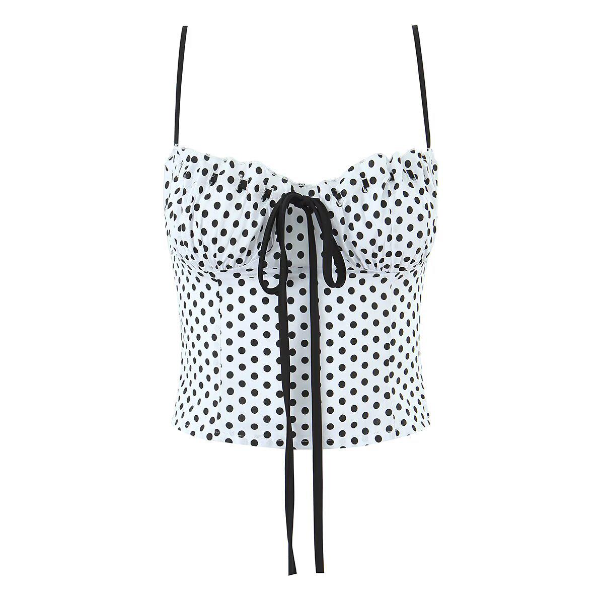 Women s Black & White Polka Dot and Red Plaid Spaghetti Strap Ruffle Tank Top Small