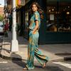 Lässiges Sexy Blusen 2-teiliges Set für Damen, Knopfleiste Kurzarmhemd Retro Urlaubsstil Und Weite Hosen Passende Sets, Sommer Bedruckt