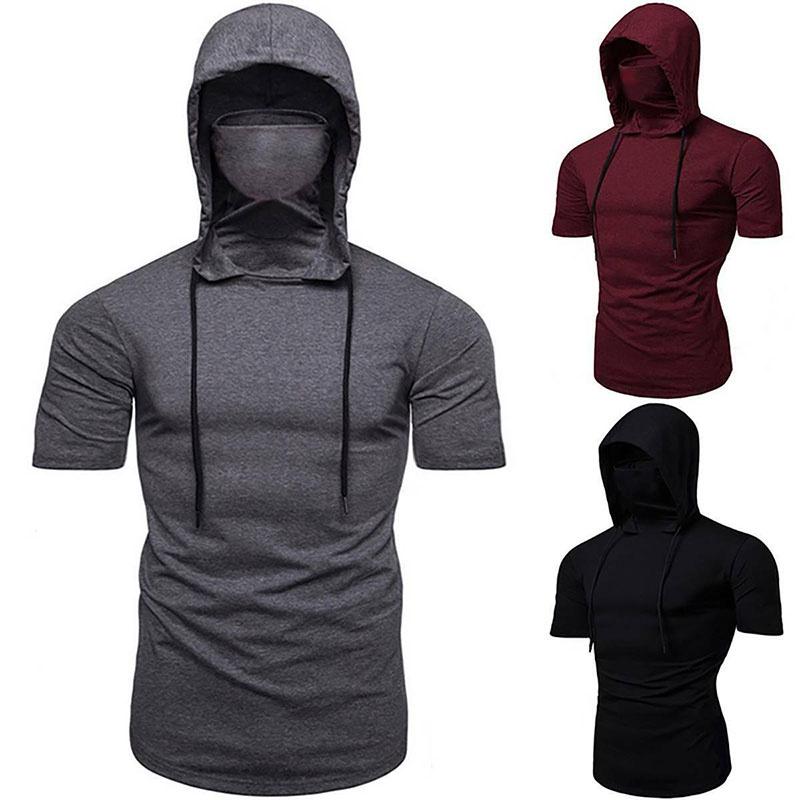 Stylish Men's Hooded Pullover T Shirt Tank Top With Protective Mask For Active Wear