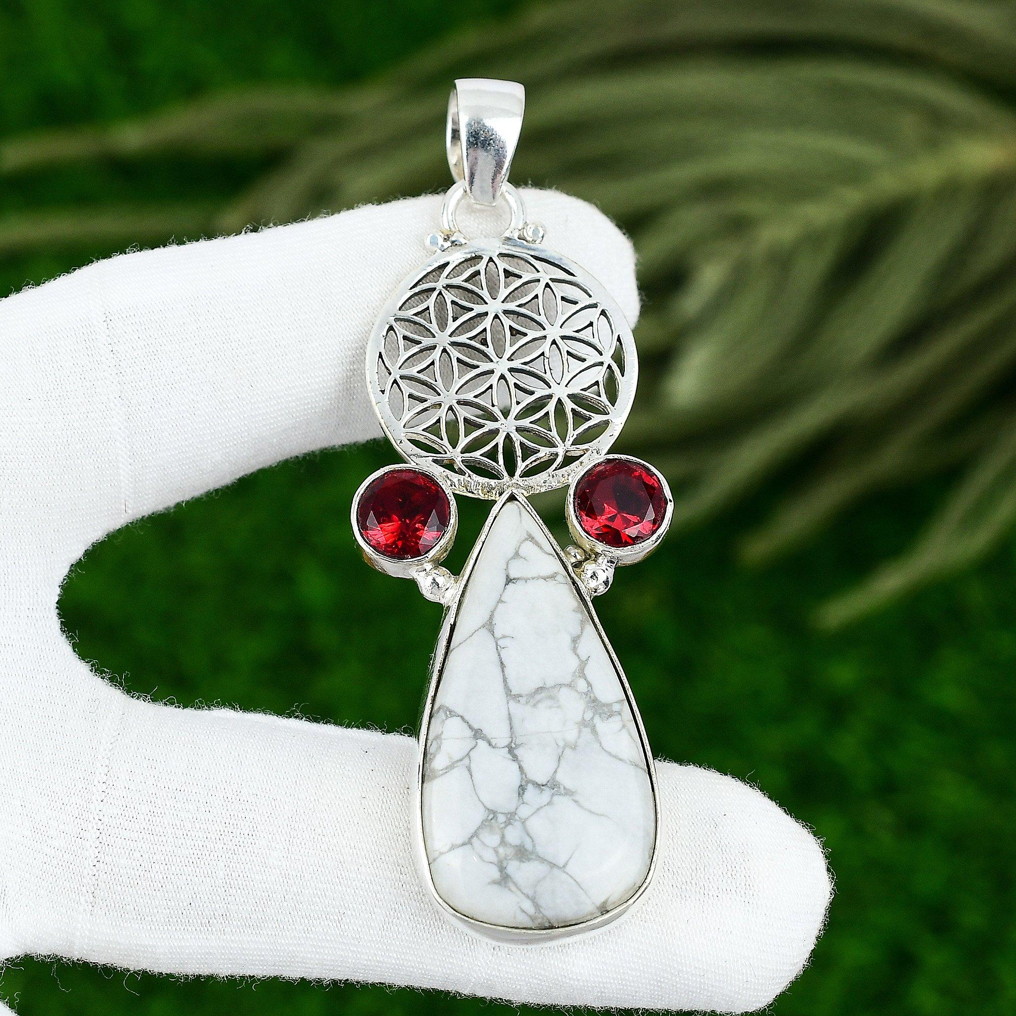 

Mothers day Deal Pear Howlite Stone Mozambique Garnet 925 Silver Sister Pendant