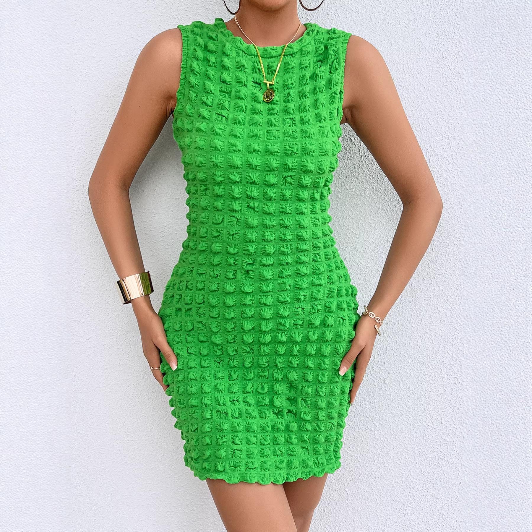 Women s new fashion drawstring elastic bubble grid sexy hip-wrapped dress women S флуоресцентный зеленый