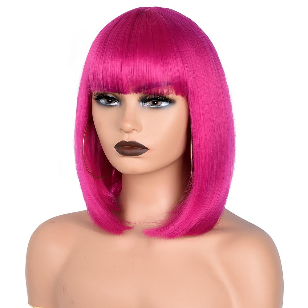 Professional  Short Straight Bob Wig for Women Synthetic Wigs Brown to Blonde Natural Fake Hair Heatresistant Wig Pink Wig With Bangs