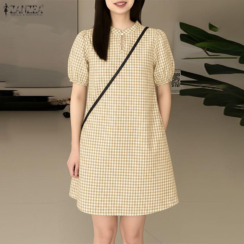 ZANZEA Women Casual Stand Collar Short Sleeve Loose Grid Print Dress