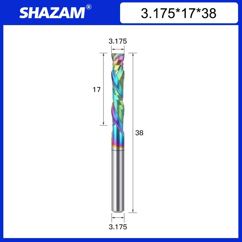 

SHAZAM 3.175 2-канавочная составная фреза с покрытием DLC из вольфрамовой стали, карбидная деревообрабатывающая спиральная фреза с ЧПУ для акрила 3.175x17x38