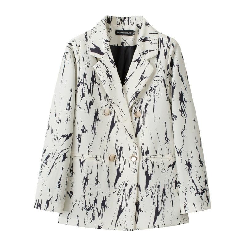 

Women s Blazer with Fashion Print Double-Breasted Buttons Loose Casual Long Sleeve Jackets 3XL французький бежевого кольору
