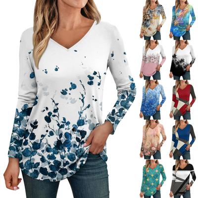 Womens Long Sleeve Tops V Neck Shirts Casual  Flower Print Basic Trendy Tee Blouses Fall Tunic Outfits Fitted T Shirts