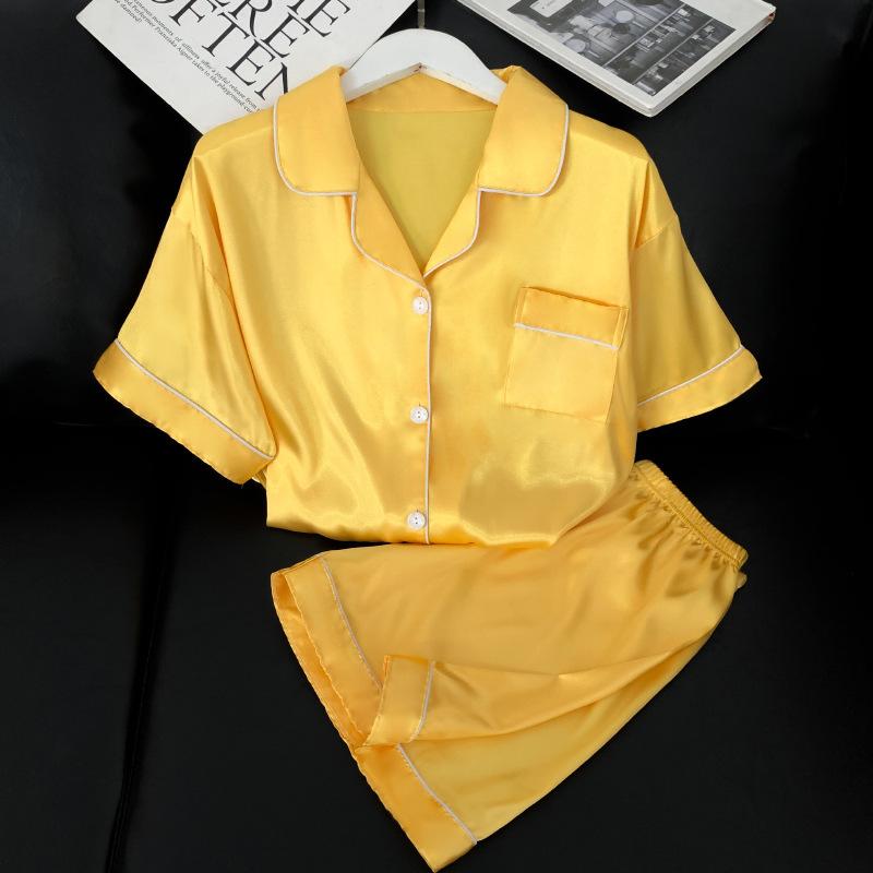 Solid Color, High-End Sense Of Vitality, Yellow Temperament, Fashionable Ice Silk Pajamas, Women'S Summer Short-Sleeved Suit, Loungewear