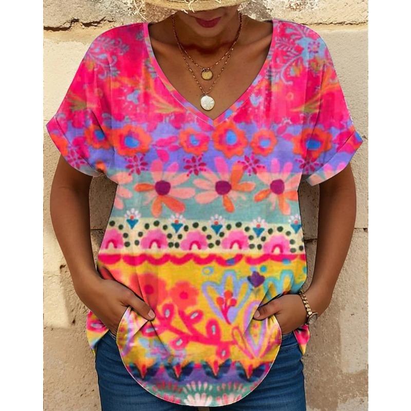 Colorful Floral Pattern Women's T-shirt Summer Outdoor Casual V-neck Short-sleeved Top OverSize Women's Clothing
