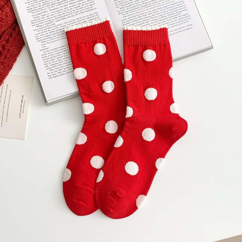 5 Pairs Breathable Polka Dot Socks Combed Cotton Stripe Socks Kitten Red Socks  Spring Festival