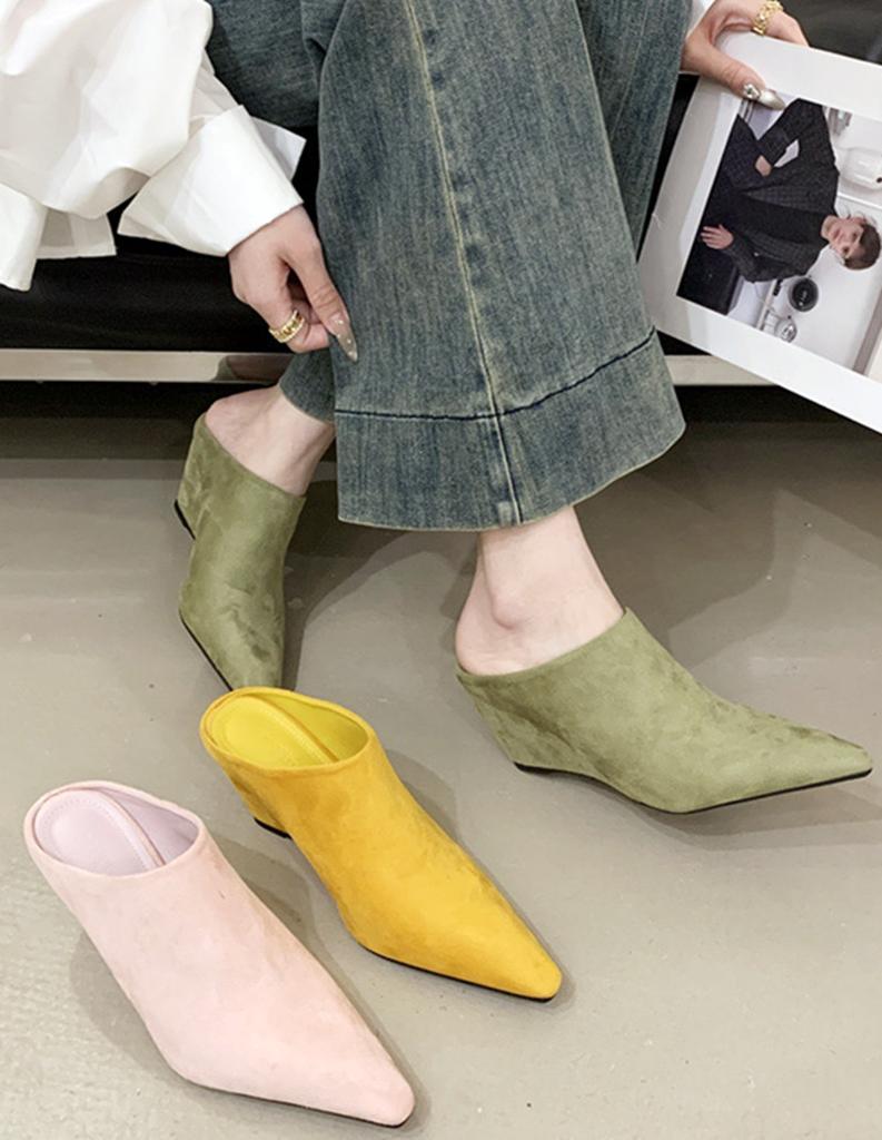 Fashion High Quality Faux Suede Pointed Toe Platform Sandals Women Fashion Shallow Wedges Slide Sandal Elegant Party Designer Dress Shoe