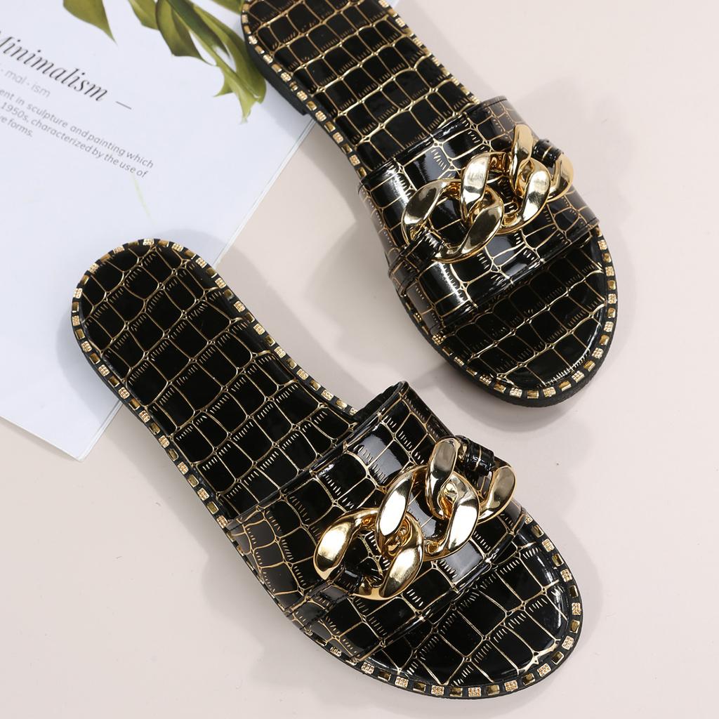 Women Slippers Fashion Sexy Chain Lock Solid Color Plus Size Sandals New Style Roman Style Flat Slippers Outdoor Slides Women