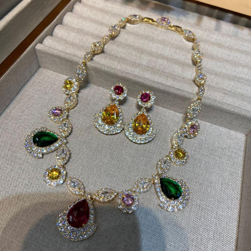 Luxury Internet Celebrity Color Zircon Light Luxury Full Diamond Earrings Women Pendant Necklace Set Jewelry
