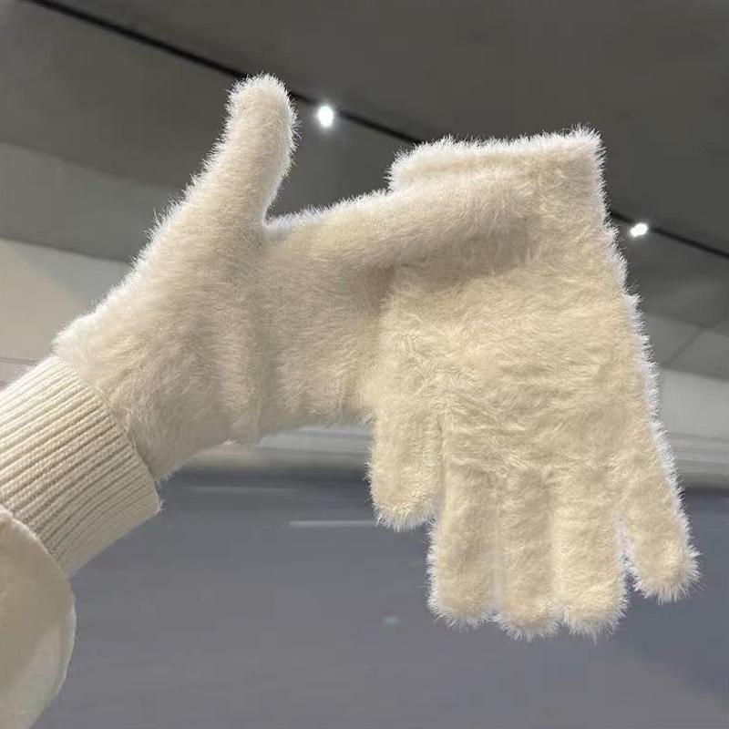 

1 пара модных зимних вельветовых перчаток из норки с пятью полными пальцами, плюшевые теплые перчатки для защиты от холода, однотонные варежки для езды на велосипеде белый