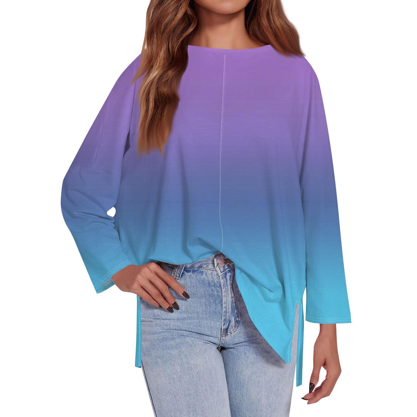 

Женская модная свободная футболка большого размера с круглым вырезом и длинным рукавом, повседневная, с боковыми разрезами и градиентным принтом XL фиолетовый