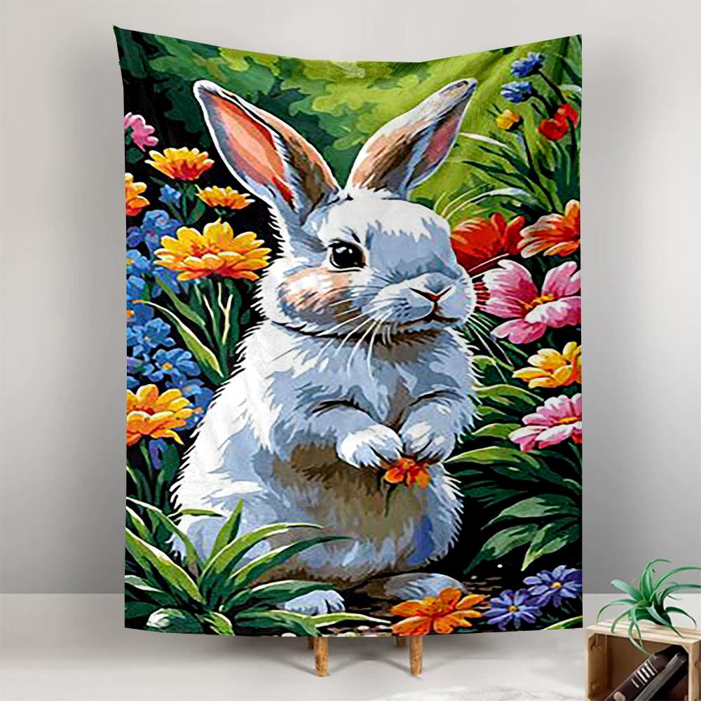 Cute White Bunny with Colorful Flowers Patterned Tapestry for Bedroom and Living Room Home Decor