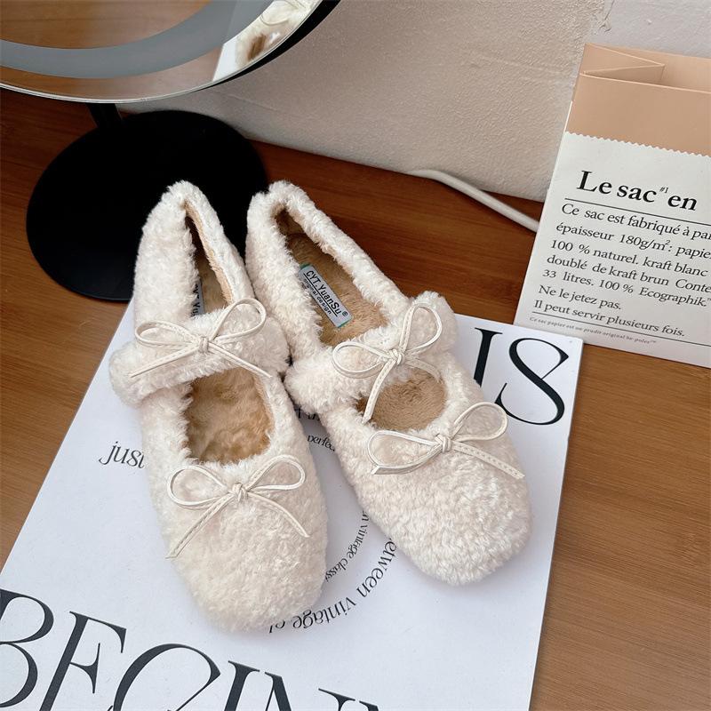 2025 New Round Head Bow with Velvet Soft-soled Ballet with Skirt Women's Single Shoes