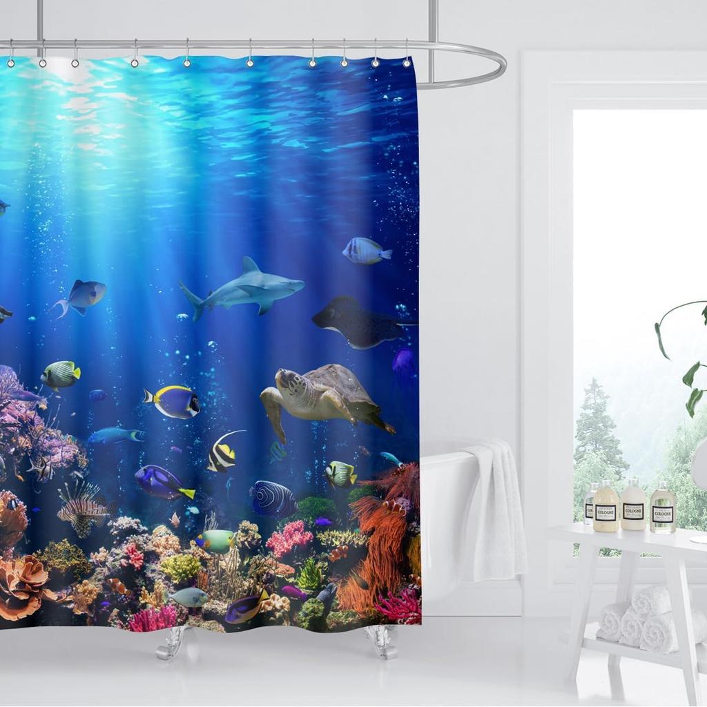 Ocean Underwater World Shower Curtain Colorful Tropical Fishes Turtle Coral in The Deep Sea Home Décor Waterproof Fabric Blue