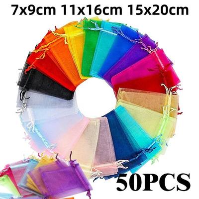 50 Stück/Los Mehrfarbige Schmuckverpackungsbeutel 7*9 11*16 15*20cm Organzabeutel Geschenkaufbewahrung Hochzeit Kordelzugbeutel Großhandel
