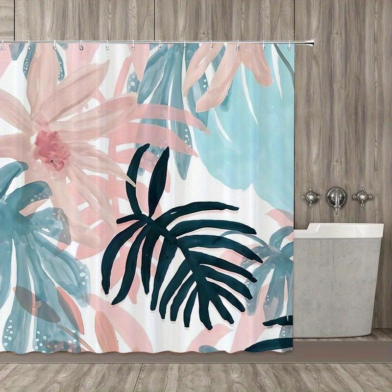 1pc Tropical Floral Pattern Shower Curtain, Polyester Fabric, Machine Washable, with Hooks, Suitable for Bathroom Décor.