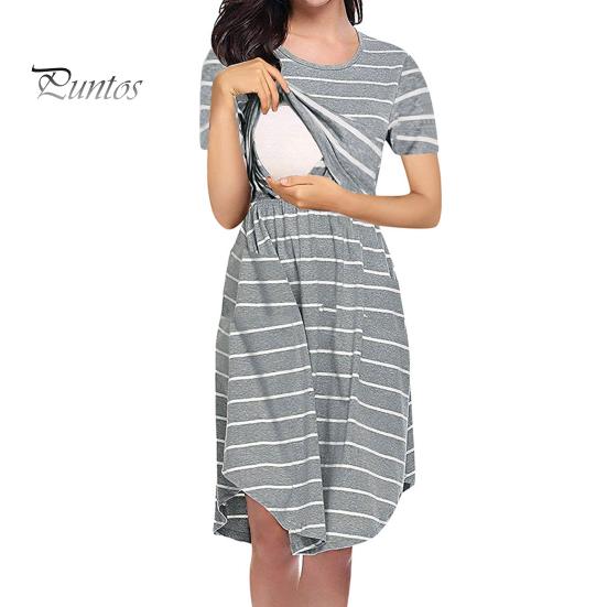 Summer Mother Breastfeeding Dress Openable Front Striped Round Neck Irregular Hem Short Sleeve Pregnant Women Nightdress Midi Dress