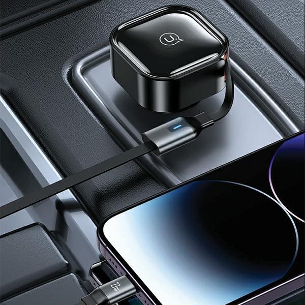USAMS Car Charger with Retractable Cable 1xUSB-C + 1x Lightning C41 PD 30W Fast Charge Black/black CC219CC01 (US-CC219)