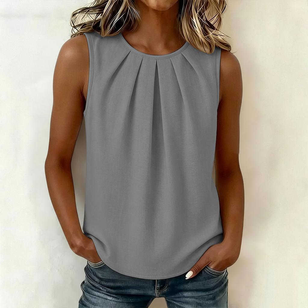 Women Sleeveless Pleated Crew Neck Loose Fit Blouse Solid Basic Casual Top for Daily Office Wear