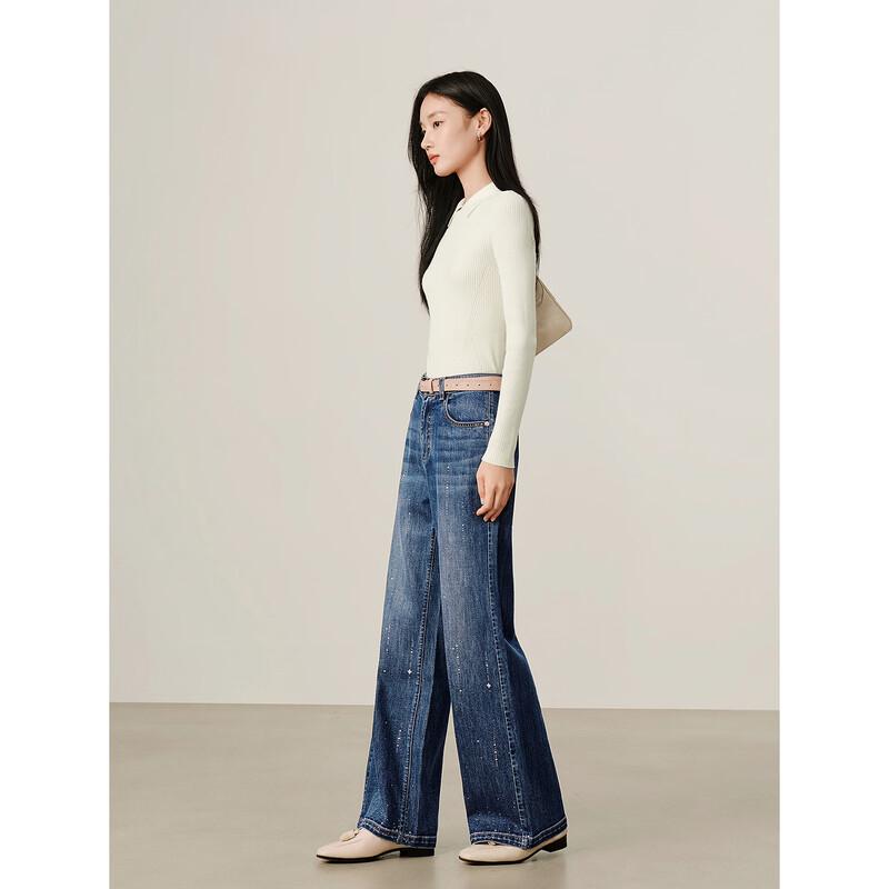 JZ-AnnaCoe Elastic Meteor Hot Drill Wide-Leg Jeans for Women