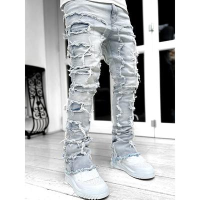 Men's Regular Fit Stacked Jeans Ripped Slim Fit Patch Distressed Destroyed Straight Denim Pants Hip Hop Streetwear Trouser