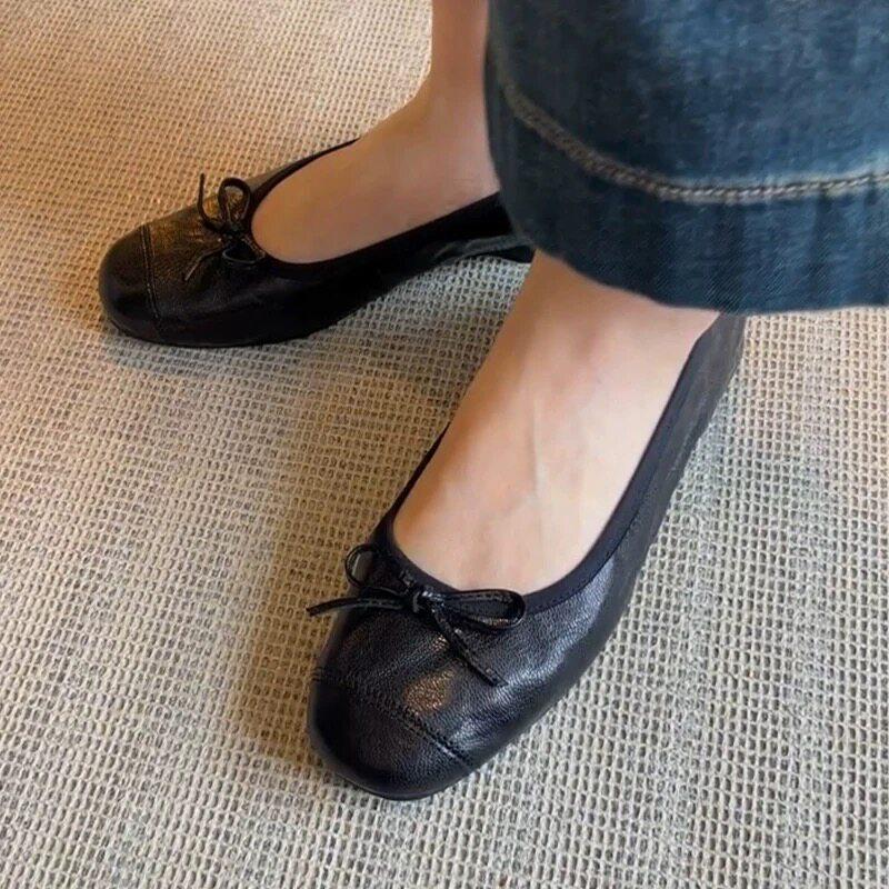 Spring and summer new versatile bow small red shoes women's round head flat sole single shoes soft sole retro temperament evening shoes