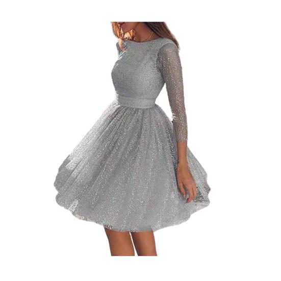 Glitter Starry Tulle Prom Dress For Women Long Sleeve Crew Neck Formal
