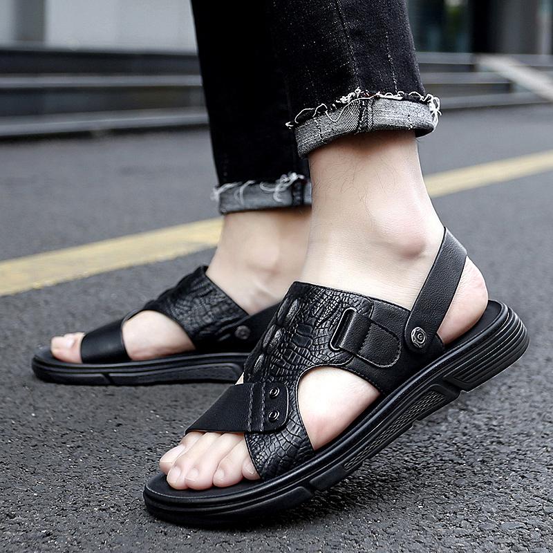 New Men's Crocodile Pattern Sandals Summer Fashion Men's Sandals Comfortable Leather Beach Male Sandals Outdoor Man Casual Shoes